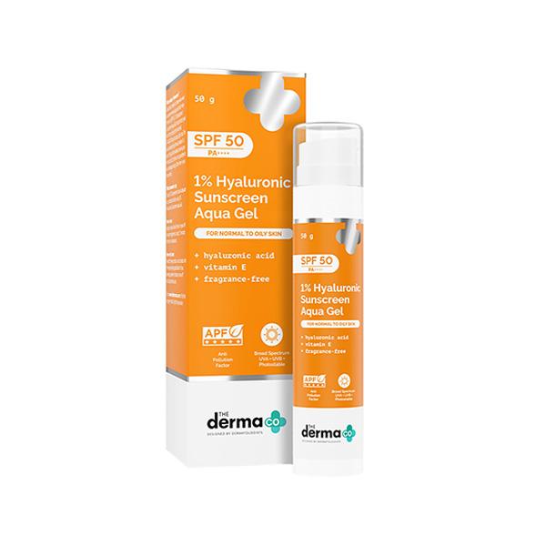 The Derma Co. 1 Percent Hyaluronic Sunscreen Aqua Gel For Broad Spectrum & Blue Light Protection SPF 50 PA++++ 50gm