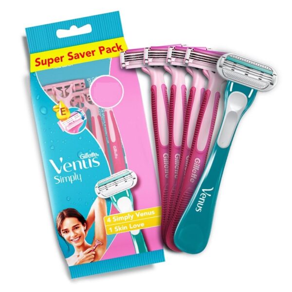 Gillette Simply Venus Hair Removal Razor for Women, 5 Count (4 simply Venus & 1 Skin Love)