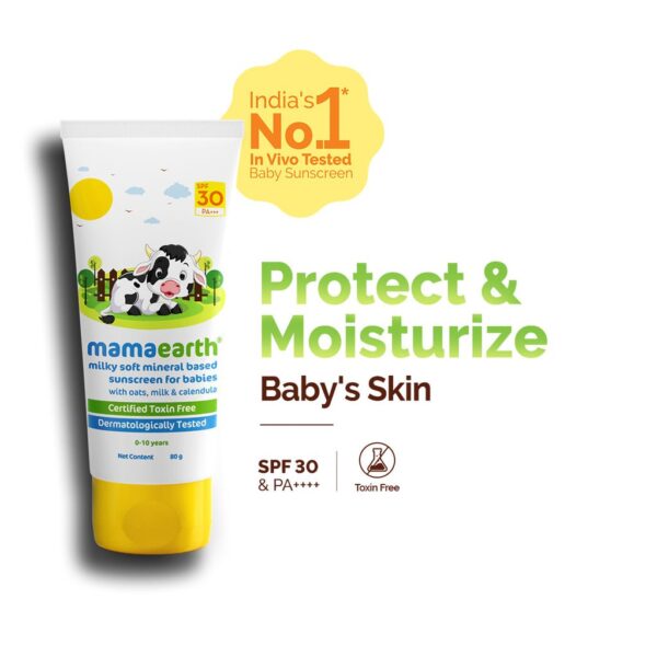 Mamaearth Milky Soft Mineral Based Sunscreen SPF 30 & PA+++ With Oats, Milk and Calendula for Babies- 80 g