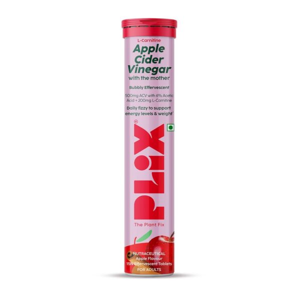 Plix Apple Cider Vinegar Apple Flavour, 15 Effervescent Tablets | With Mother ACV | L-Carnitine Helps To Turn Food Into Energy, Supports Energy Level