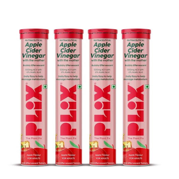 Plix Apple Cider Vinegar with Mother, 60 Effervescent Tablet | Supports Metabolism & Control Cravings | With 750mg ACV, Vit B6 & B12 | No Added Preservative