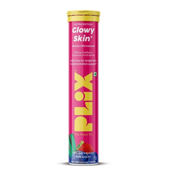 Plix Glowy Skin Strawberry Flavour, 15 Effervescent Tablets for Clear, Glowing & Youthful Skin | 500mg Glutathione, Vit E & Hyaluronic Acid | No Maltodextrin, No Sugar