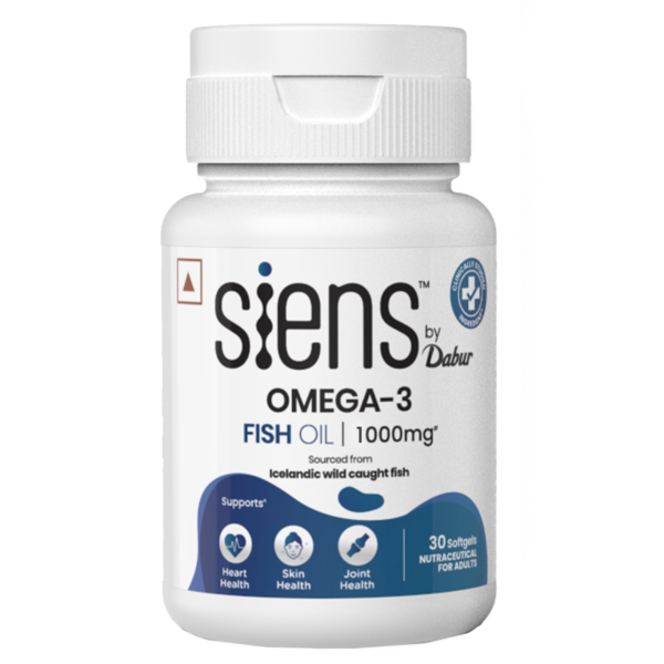 Siens By Dabur Omega-3 Capsules with Fish Oil | 180mg EPA & 120mg DHA | 30 soft gels | Supports Heart, Skin & Joint Health